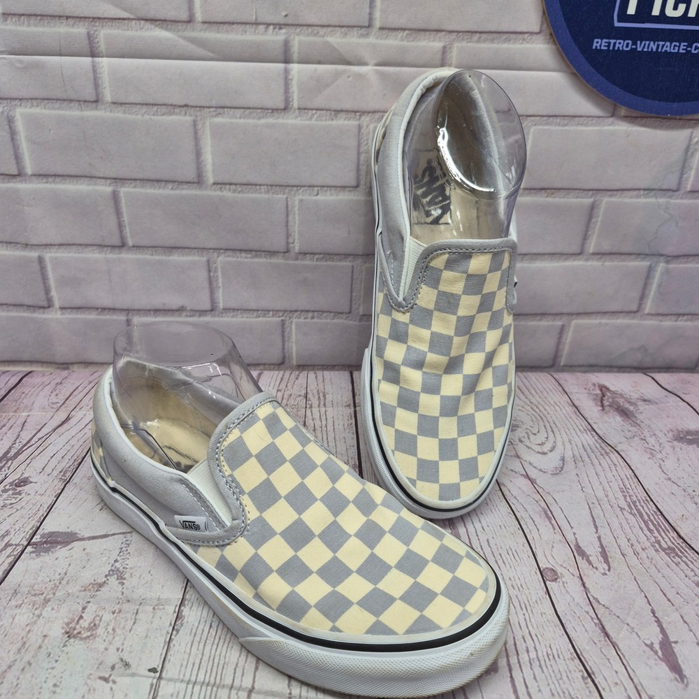 Vans Classic Slip-On Checkerboard Grey Cream Canvas Sneakers Mens 6 Womens 7.5